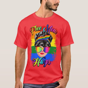 Free Mom Hugs Tshirt Messy Bun Heart LGBT Pride Mo