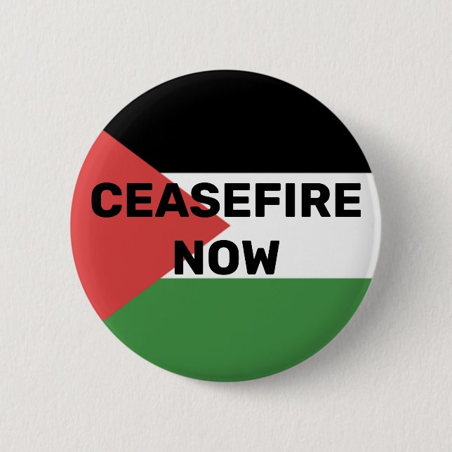 FREE PALESTINE FLAG CEASEFIRE NOW RED BLACK GREEN  2 INCH ROUND BUTTON (Front)
