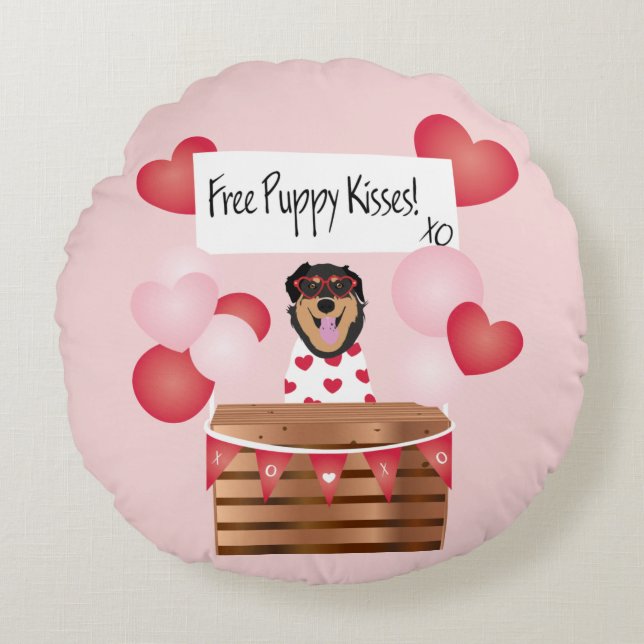 Free Puppy Kisses Valentine Dog Red Round Pillow (Front)