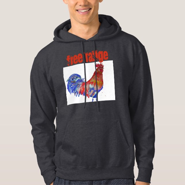 Free Range Chicken Watercolor Rooster Cockerel Hoodie (Front)