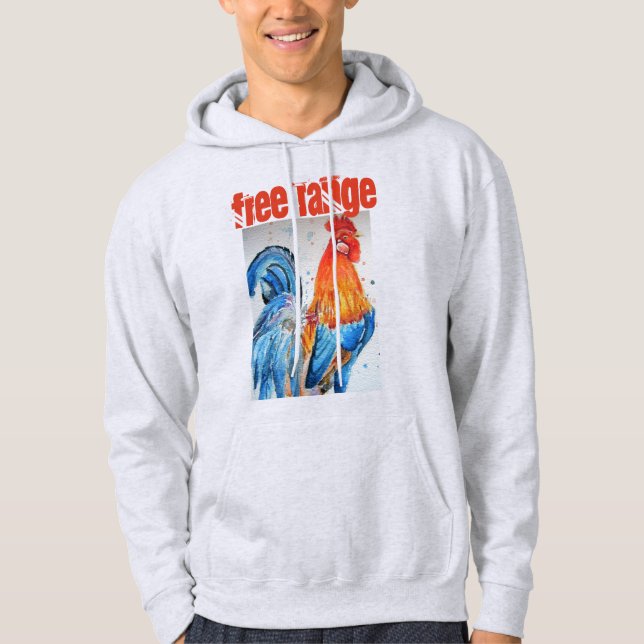 Free Range Chicken Watercolor Rooster Cockerel Hoodie (Front)