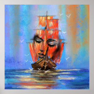 Free Sailing Sailboat Lady - Original Art Painting Poster