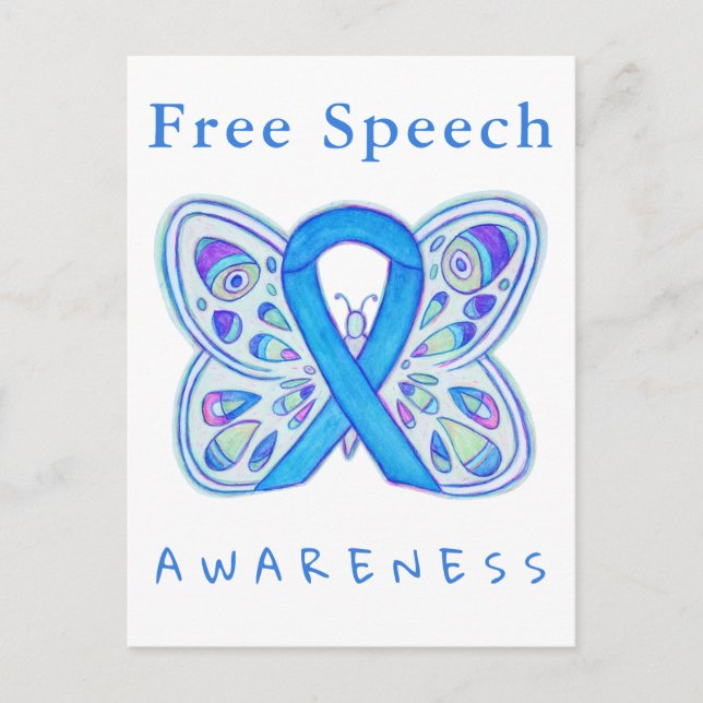 Free Speech Blue Awareness Ribbon Butterfly Cards (Front)