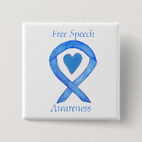Free Speech Blue Awareness Ribbon Heart Button