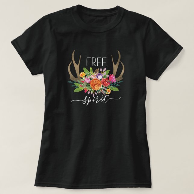 Free Spirit Modern Boho Chic Flowers Antlers  T-Shirt (Design Front)