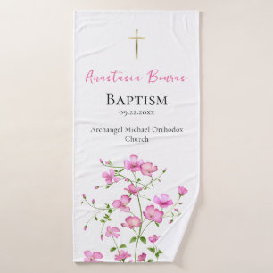 Free-Spirited Pink Flowers Orthodox Baptism Gift   Bath Towel
