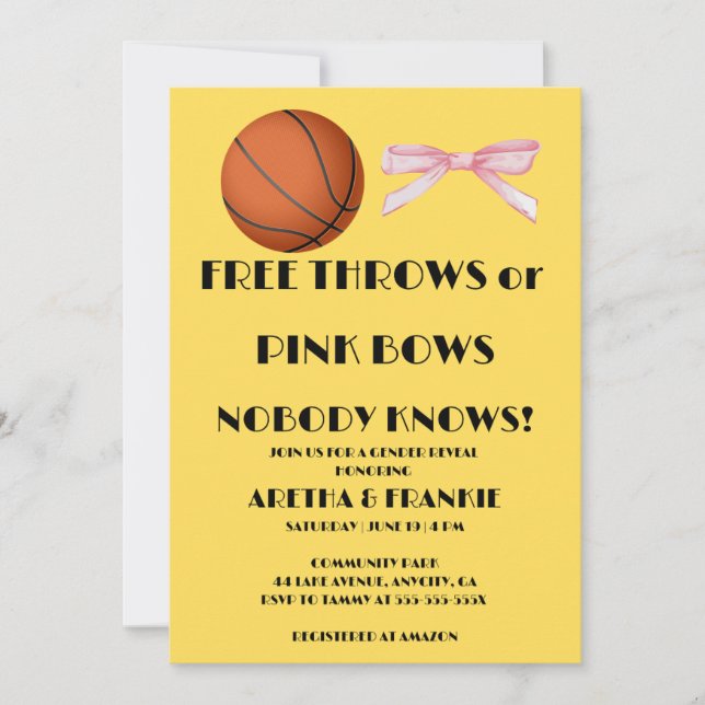 Free Throws or Pink Bows gender reveal party Invitation (Front)