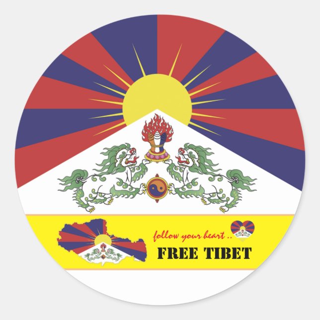 Free Tibet & Tibetan Flag, Map Heart /Tibet Classic Round Sticker (Front)