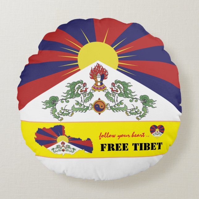 Free Tibet & Tibetan Flag, Map Heart /Tibet Round Pillow (Front)