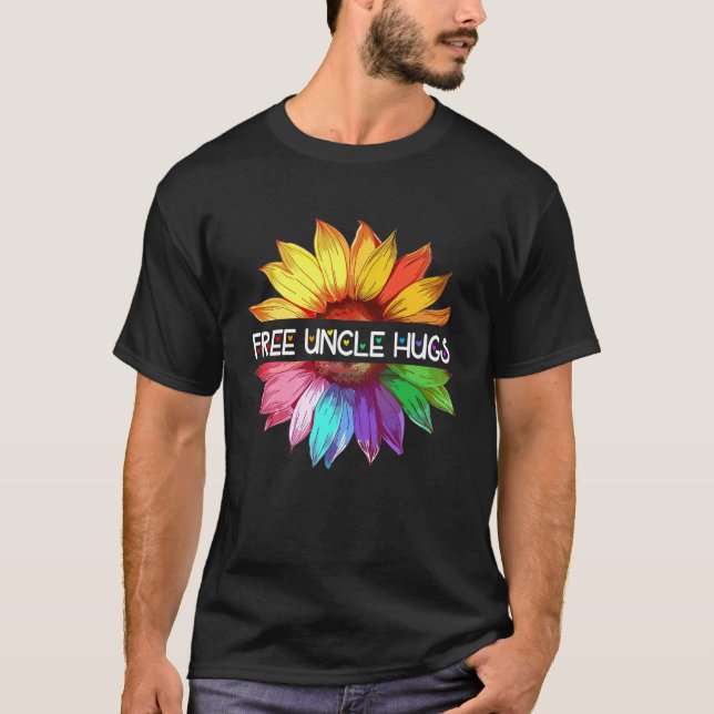 Free Uncle Hugs LGBTQ LGBT Pride Daisy Rainbow Flo T-Shirt (Front)