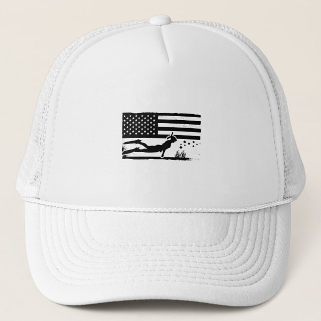 Freediving American Flag Diving Freediver Apnoe Trucker Hat (Front)