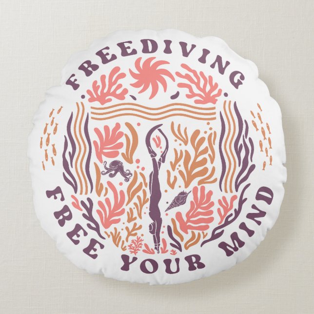 Freediving Free Your Mind Ocean Meditation Diver Round Pillow (Front)