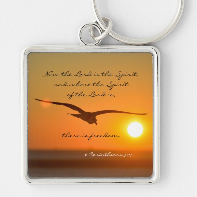 Freedom Bible Verse, Bird Flying at Sunset Keychain (Front)