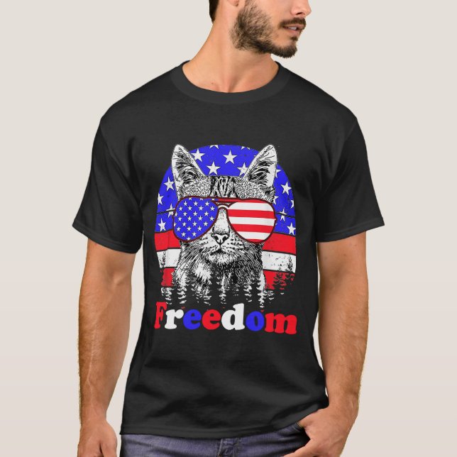 Freedom Cat American Flag 4th of July T-Shirt (Front)