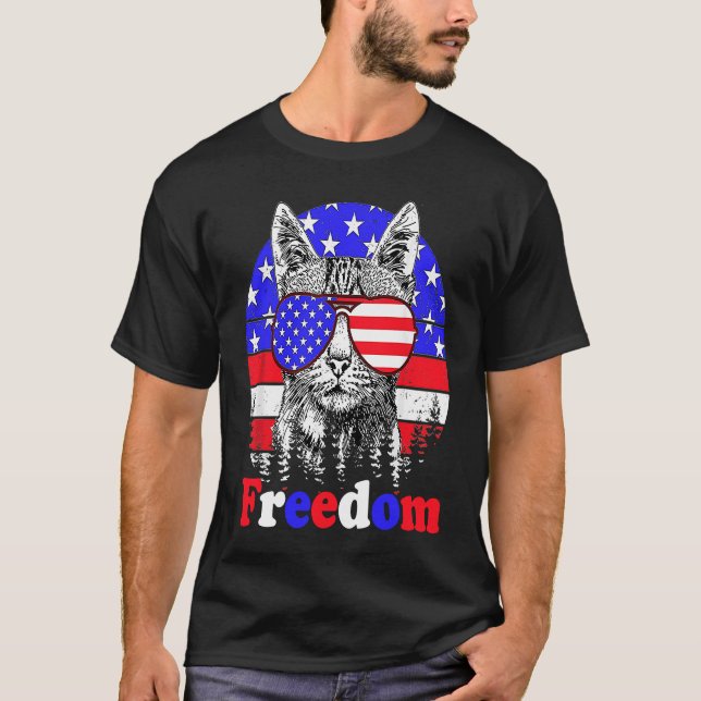 Freedom Cat American Flag 4th of July T-Shirt (Front)