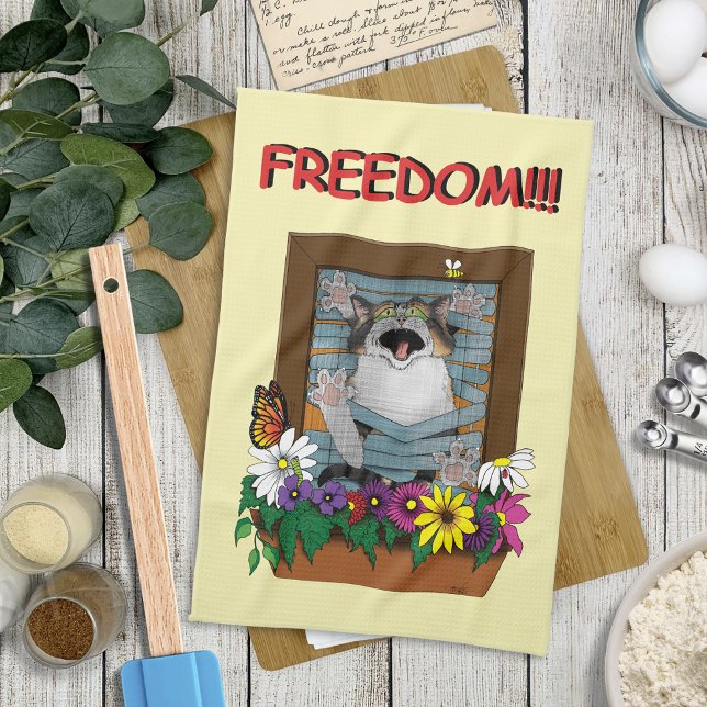 Freedom Escape Funny Cat Yellow Floral Window Kitchen Towel (Creator Uploaded)