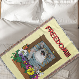 Freedom Escape Funny Cat Yellow Floral Window Throw Blanket