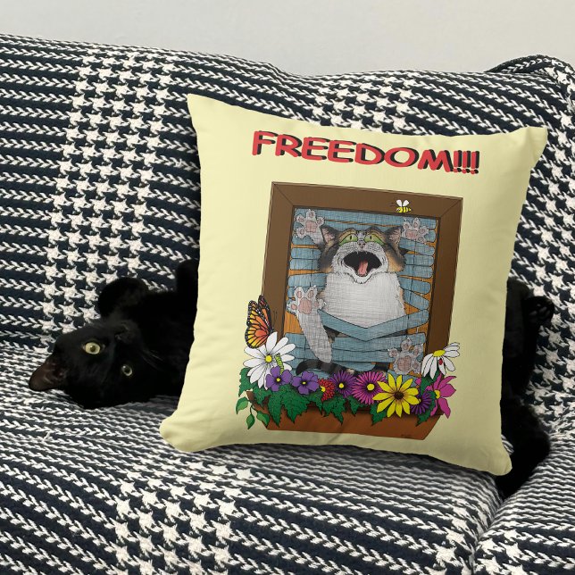 Freedom Escape Funny Cat Yellow Floral Window Throw Pillow (Creator Uploaded)