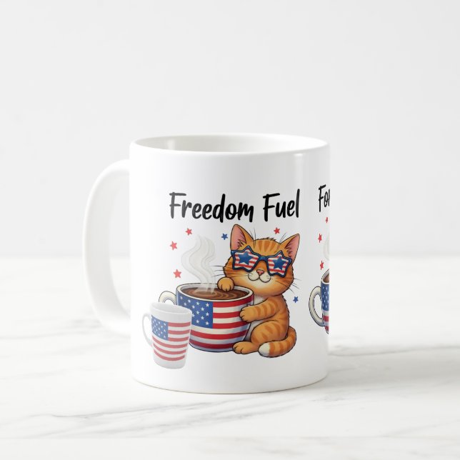 Freedom Fuel For Cat Moms – Patriotic Cat & Coffee Mug (Front Left)