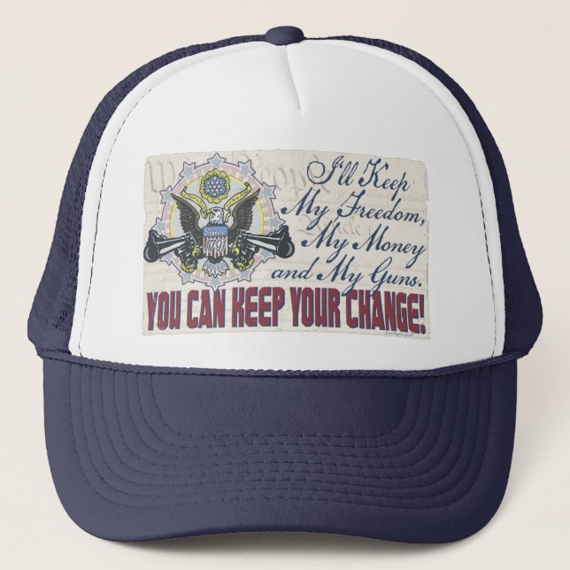 Freedom Money Guns Gun-Toting Eagle Gear Trucker Hat (Front)