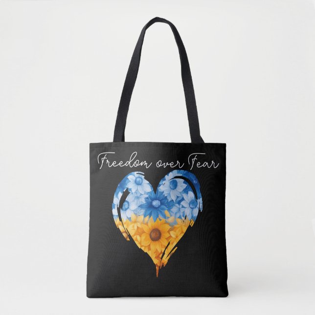Freedom Over Fear Sunflower Heart Ukraine Black Tote Bag (Front)