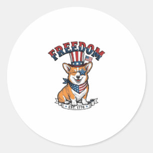 Freedom Patriotic Corgi Vintage Engraving T-Shirt_ Classic Round Sticker