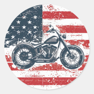 Freedom Ride: Retro Motorcycle and American Flag  Classic Round Sticker