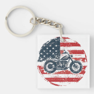 Freedom Ride: Retro Motorcycle and American Flag  Keychain