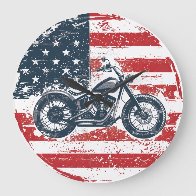 Freedom Ride: Retro Motorcycle and American Flag  Large Clock (Front)