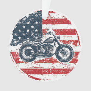 Freedom Ride: Retro Motorcycle and American Flag Ornament