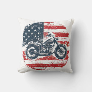 Freedom Ride: Retro Motorcycle and American Flag  Throw Pillow