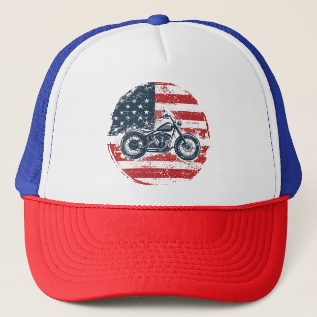 Freedom Ride: Retro Motorcycle and American Flag  Trucker Hat (Front)