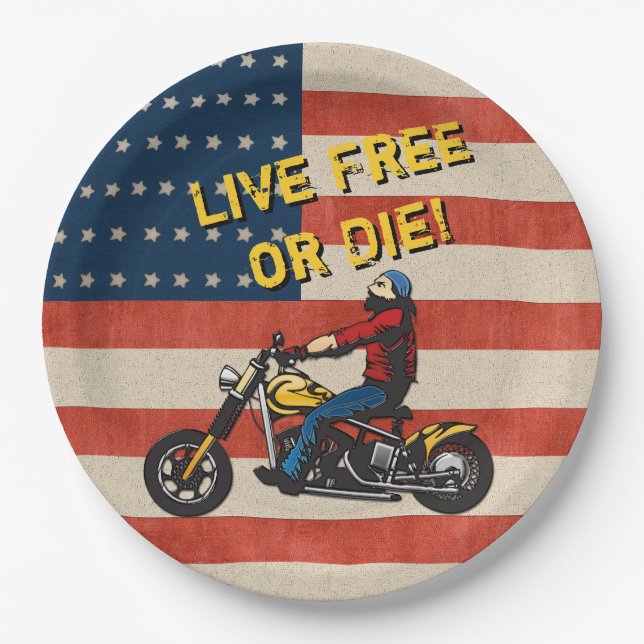 Freedom Rider - USA Flag, Biker and Custom Caption Paper Plate (Front)