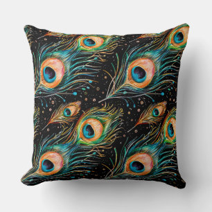 Freehand drawing with watercolor pencils of peacoc throw pillow