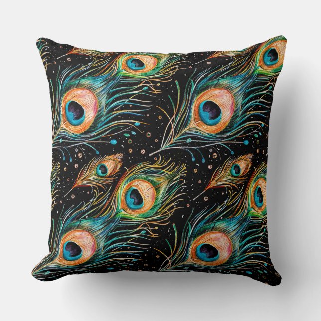 Freehand drawing with watercolor pencils of peacoc throw pillow (Front)
