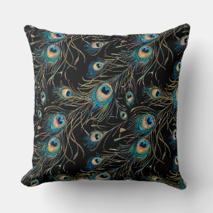 Freehand drawing with watercolor pencils of peacoc throw pillow
