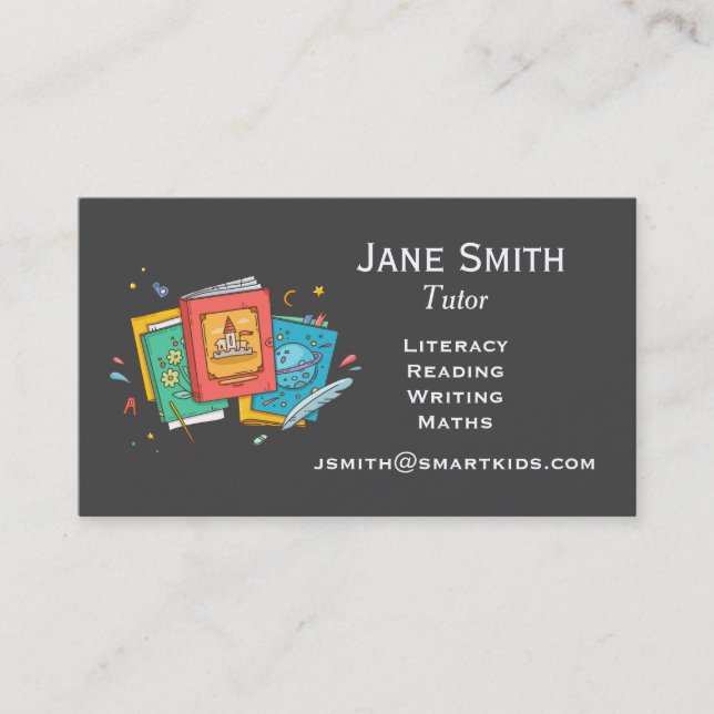 Freelance literacy tutor or teacher books business card (Front)