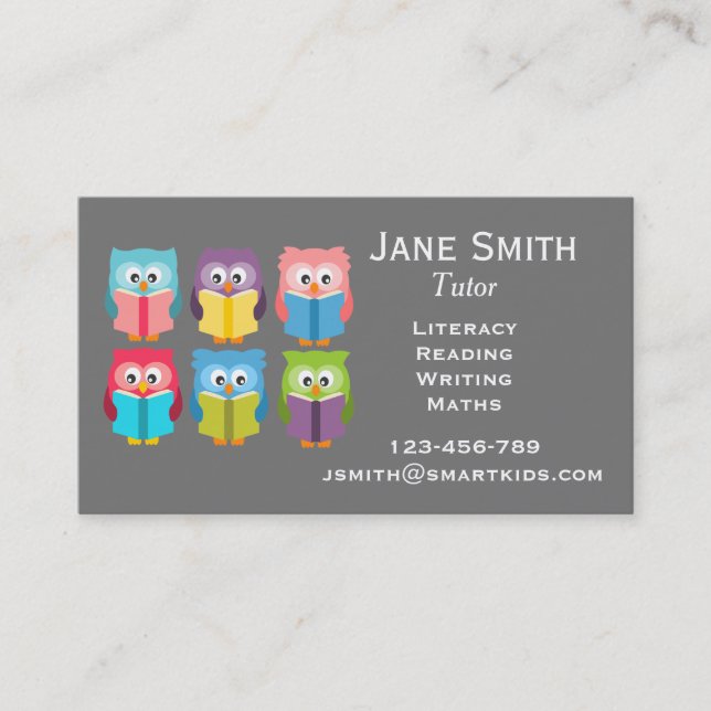 Freelance literacy tutor or teacher reading owl bu business card (Front)