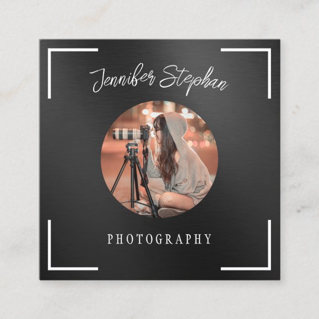 Freelance Photographer Custom Photo QR Code Black Square Business Card (Front)