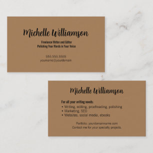 Freelance Writer Minimal Warm Brown Business Card
