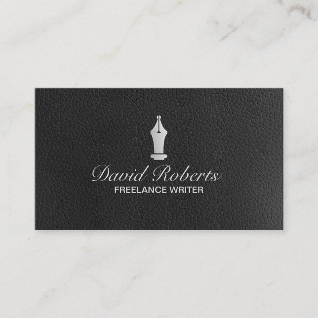 Freelance Writer Silver Pen Nib Black Leather Business Card (Front)