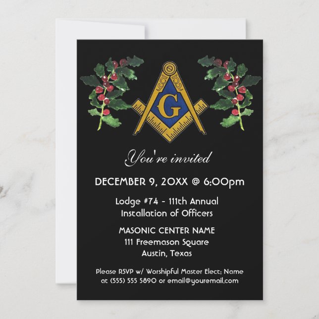 Freemason Masonry Black Square Compass Christmas Invitation (Front)