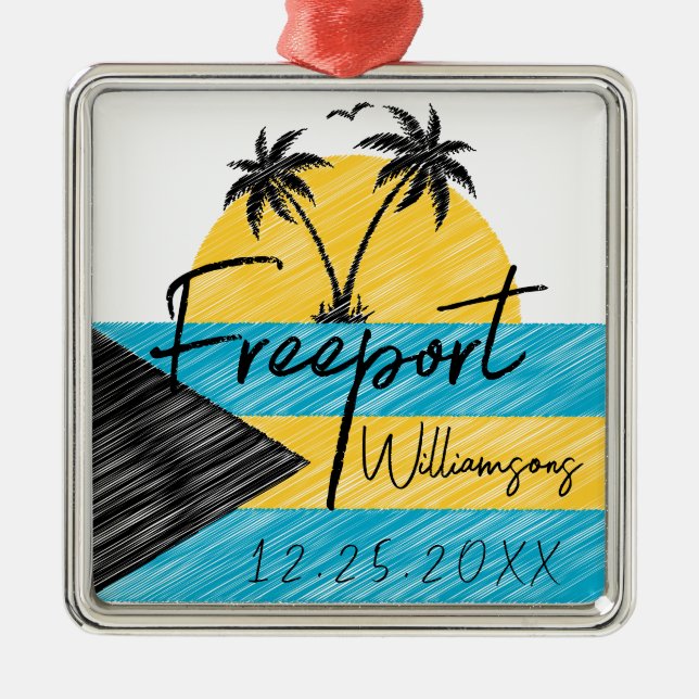 Freeport Bahamas Flag Palm Tree Sunset Souvenirs Metal Ornament (Front)