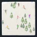 Freeride Alpine Skiers Skiing Christmas Stone Coaster<br><div class="desc">Cool winter themed skier pattern design with skiers skiing down alpine ski resort slopes among snow covered fir trees in alps. Freeride skiers are wearing colourful vintage retro ski suits, skiing downhill with skis on a white snowy mountain landscape background. Wonderful winter sport fun gift for a skier in your...</div>