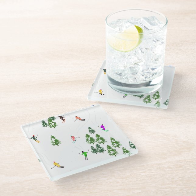 Freeride Alpine Skiers Skiing Illustration  Glass Coaster (Angled)