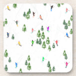 Freeride Alpine Skiers Skiing Illustration Party   Coaster<br><div class="desc">Cool winter themed skier pattern design with skiers skiing down alpine ski resort slopes among snow covered fir trees in alps. Freeride skiers are wearing colourful vintage retro ski suits, skiing downhill with skis on a white snowy mountain landscape background. Wonderful winter sport fun gift for a skier in your...</div>