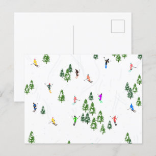 Freeride Alpine Skiers Skiing Illustration Party   Postcard