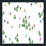 Freeride Alpine Skiers Skiing Illustration Party   Poster<br><div class="desc">Cool winter themed skier pattern design with skiers skiing down alpine ski resort slopes among snow covered fir trees in alps. Freeride skiers are wearing colourful vintage retro ski suits, skiing downhill with skis on a white snowy mountain landscape background. Wonderful winter sport fun gift for a skier in your...</div>