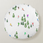 Freeride Alpine Skiers Skiing Illustration Party  Round Pillow<br><div class="desc">Cool winter themed skier pattern design with skiers skiing down alpine ski resort slopes among snow covered fir trees in alps. Freeride skiers are wearing colourful vintage retro ski suits, skiing downhill with skis on a white snowy mountain landscape background. Wonderful winter sport fun gift for a skier in your...</div>