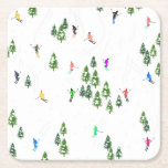 Freeride Alpine Skiers Skiing Illustration Party   Square Paper Coaster<br><div class="desc">Cool winter themed skier pattern design with skiers skiing down alpine ski resort slopes among snow covered fir trees in alps. Freeride skiers are wearing colourful vintage retro ski suits, skiing downhill with skis on a white snowy mountain landscape background. Wonderful winter sport fun gift for a skier in your...</div>